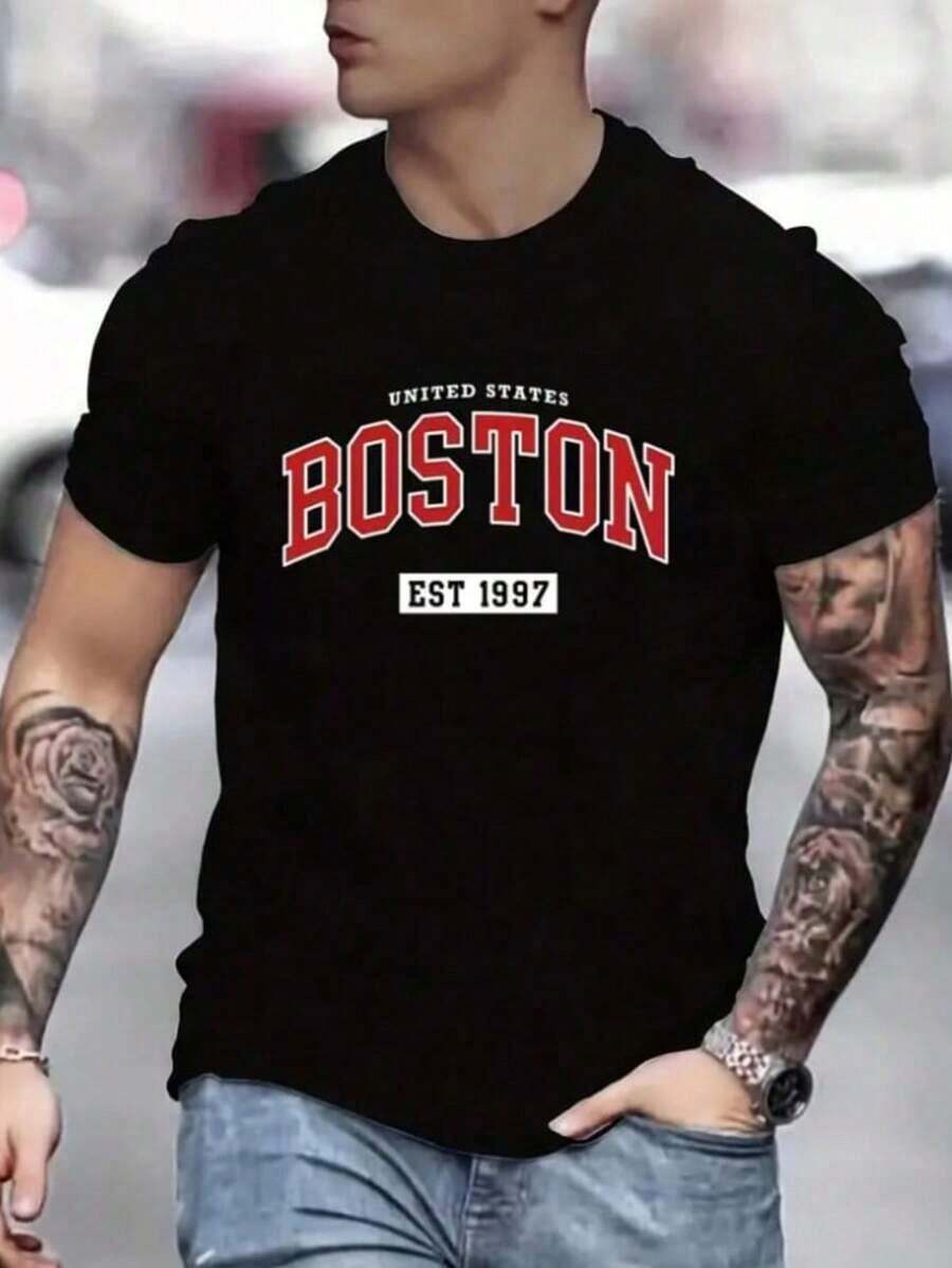 Playera Con Estampado De letras Boston - Negro - Ver 1