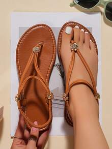 Sandalias de talla grande con hebilla de strass y tira de metal puro en los dedos, chanclas con tira en los dedos - Marrón - Ver 3