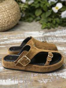 女士棕色穆勒凉鞋，搭扣厚底拖鞋，适合夏季日常穿着、轻便旅行、海滩度假和休闲聚会。 - 棕色 - 查看 6
