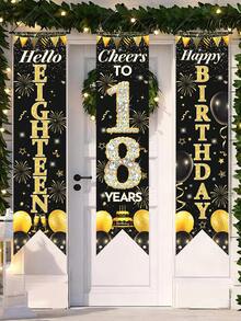 3件套18岁黑金生日门牌，闪亮18岁生日快乐门柱对联，125*30厘米涤纶悬挂横幅，18岁生日派对装饰，生日悬挂旗帜，生日庆祝用品，生日派对背景装饰，生日家居装饰，庭院装饰 - 黑金18歲 - 查看 3