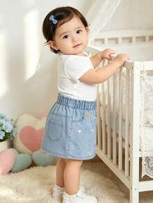 Falda vaquera con volantes y bordado de corazón asimétrico para niñas bebé - Azul - Ver 3