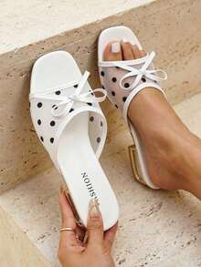 planare Women's Fashionable Elegant Mesh Polka Dot Patchwork Slip-On Square Toe Thick Heel White Sandals, Suitable For Daily, Dating, Commuting, Wedding And Other Occasions,Summer Shoes - White - View 3