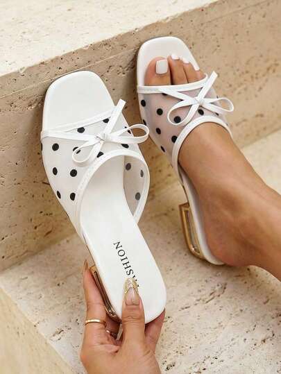 planare Women's Fashionable Elegant Mesh Polka Dot Patchwork Slip-On Square Toe Thick Heel White Sandals, Suitable For Daily, Dating, Commuting, Wedding And Other Occasions