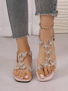 Teen Glitter Butterfly Ankle Strap Flats - Crystal & Pearl Dressy Sandals - Beige - View 7