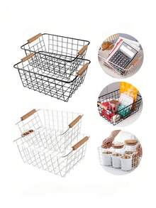 Metal Storage Basket With Wooden Handle, Kitchen Food Storage Metal Wire Basket, Suitable For Pantry, Cabinet, Countertop, Bathroom, Closet, Laundry Room, Can Store Towels, Cosmetics, Toiletries, Snacks, Fruits, Ingredients, Groceries, Handheld With Random Color Wooden Handle - Multicolor - View 1