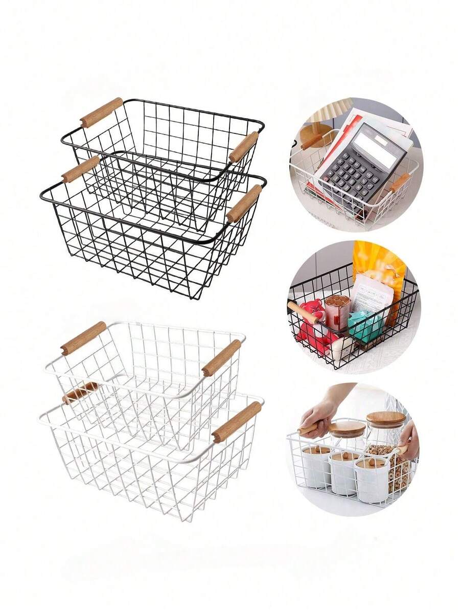 Metal Storage Basket With Wooden Handle, Kitchen Food Storage Metal Wire Basket, Suitable For Pantry, Cabinet, Countertop, Bathroom, Closet, Laundry Room, Can Store Towels, Cosmetics, Toiletries, Snacks, Fruits, Ingredients, Groceries, Handheld With Random Color Wooden Handle - Multicolor - View 1