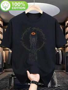 Black Cotton T-Shirt With Eye Of Sauron Print For Movie Fans: Casual Wear, Soft Textured Shirts, Ready-To-Wear Clothing In Standard Sizes For Men, Stylish Casual T-Shirts For Spring And Autumn For Men - 黑色 - 查看 6