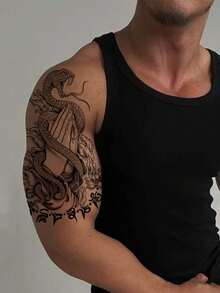 1pc Fierce Snake Roaring Temporary Tattoo, Waterproof, Non-Reflective, Realistic & Fashionable Body Art Tattoo, Easy To Apply And Remove - Black - View 2