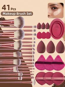 41 piezas Juego de herramientas de maquillaje todo en uno con 25 piezas de brochas de maquillaje, esponjas de maquillaje, polveras triangulares, polveras de cojín y limpiador de brochas, kit completo de belleza cosmética para maquillaje de rostro y ojos - Burdeos - Ver 13