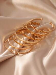 Set de 7 piezas de brazaletes ajustables de metal con elementos de corazón y margarita de moda, adecuado para uso diario y de fiesta de mujeres - Multicolor - Ver 3