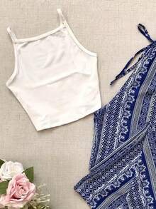 Bộ 2 món dành cho nữ: Áo croptop hở lưng thanh lịch và quần ống rộng in họa tiết Bohemian, chất liệu vải co giãn vừa phải. - trắng - Xem 3