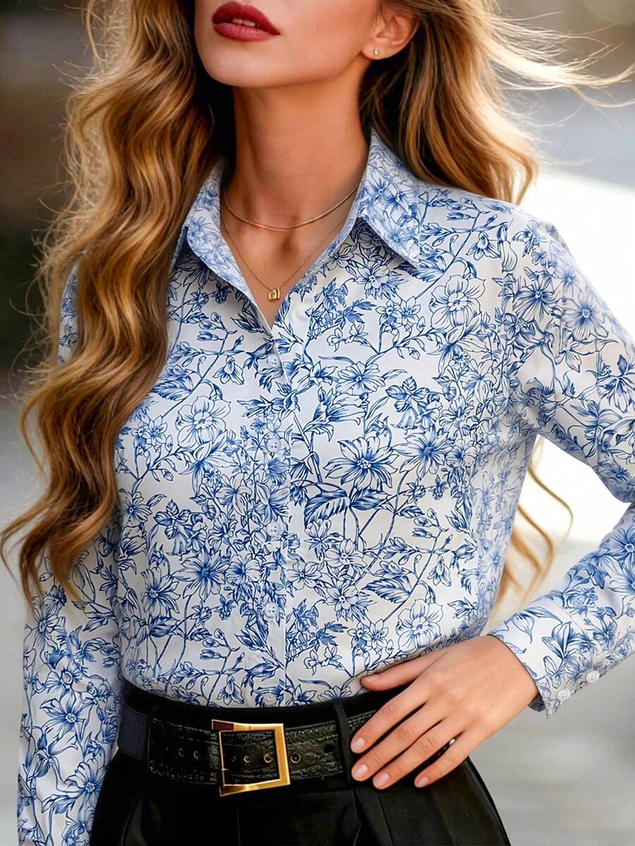 Áo sơ mi dài tay in hoa toàn thân, phong cách thường ngày, thích hợp cho kỳ nghỉ xuân/thu dành cho nữ.
