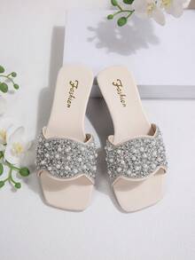 Plus Size Women's Fashion Flat Sandals, Open Toe Slip-On Slippers, Comfortable Casual Slides, Rhinestone Decor, Suitable For Summer - Beige - View 4