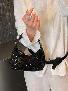 Sweet And Cool Edgy Sequined Shoulder Bag, Heavy-Duty All-Over Party Style, Niche Design, Versatile For Spring And Summer, Women's Shoulder Bag. - Black - View 3