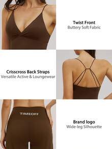 TimeOff Women's One Set Solid Color V-Neck Spaghetti Strap Sports Bra & Criss-Cross Waist Letter Print Straight Leg Pants Set - Brown - View 5