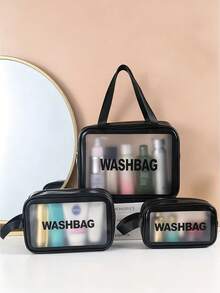1pc Korean Style PU Frosted Cosmetic Bag Large Capacity Travel Toiletry Bag - Pink - View 4