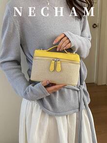 1个新款时尚PU拼接午餐盒包，简约优雅单肩包 - 黃色 - 查看 7