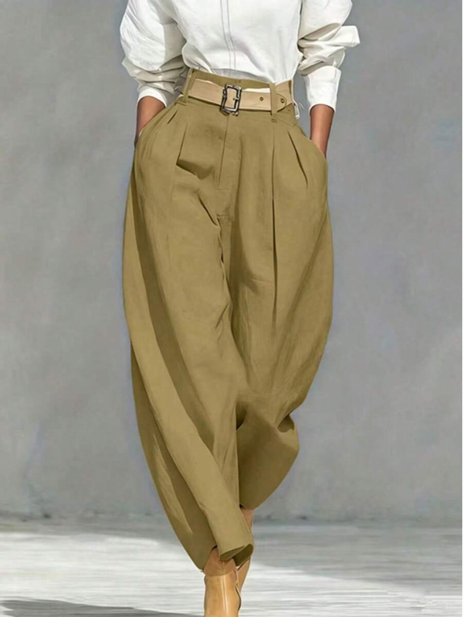 Women's Solid Color Zipper Pocket Pleated Casual Loose Pants (Belt Not Included) Spring - Khaki - View 1