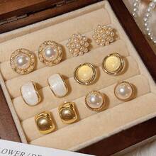 12pcs Gold Pearl Earring Set, New Minimalist Vintage Elegant Earrings For Women - Gold - View 3