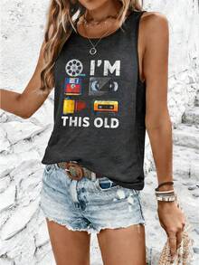 Women's I'm This Old Retro Tech Graphic Racerback Tank Top, 180G Vest Summer Top, Vintage Floppy Disk Cassette Tees, Vacation Outfits, Summer Clothes - 深灰色7 - 查看 2