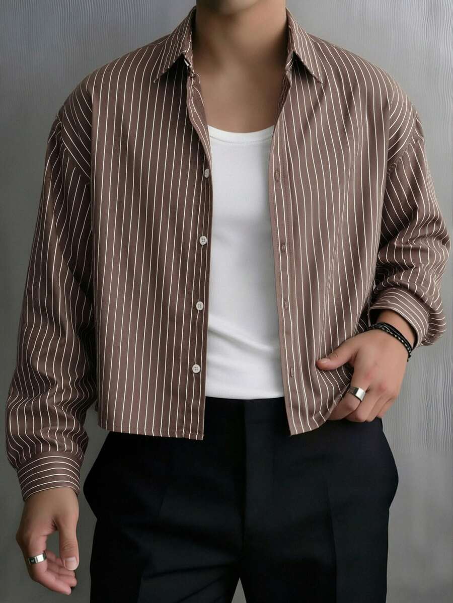 Camisa de manga corta a rayas casual/de oficina de solapa única para hombres - Marrón - Ver 1