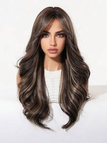 Tóc giả dài 22 inch, kiểu gợn sóng, có mái bằng, chất liệu sợi tổng hợp chịu nhiệt, thích hợp sử dụng hàng ngày, đi làm, dự tiệc, Halloween, Giáng sinh, Lễ Tạ ơn, đám cưới, dạ hội, hẹn hò, sinh nhật, kỳ nghỉ. Chất liệu sợi tổng hợp cao cấp, chất lượng tóc thật tự nhiên, thoải mái, kiểu tóc gợn sóng dài, màu vàng bạch kim. - Màu nâu highlight - Xem 4
