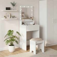 vidaXL Dressing Table With Shelf, White, 50 X 41 X 135 Cm, Engineered Wood, Modern Dressing Table, Rectangular Storage Space, Minimalist Design With Lights, Durable Engineered Wood - 白色 - 查看 1
