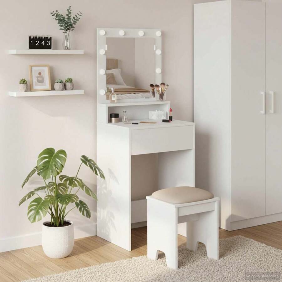 vidaXL Dressing Table With Shelf, White, 50 X 41 X 135 Cm, Engineered Wood, Modern Dressing Table, Rectangular Storage Space, Minimalist Design With Lights, Durable Engineered Wood - 白色 - 查看 1