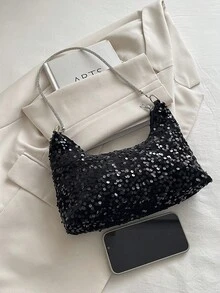 Túi xách nữ thời trang, túi đeo vai hình trăng khuyết đính sequin. - màu đen - Xem 5