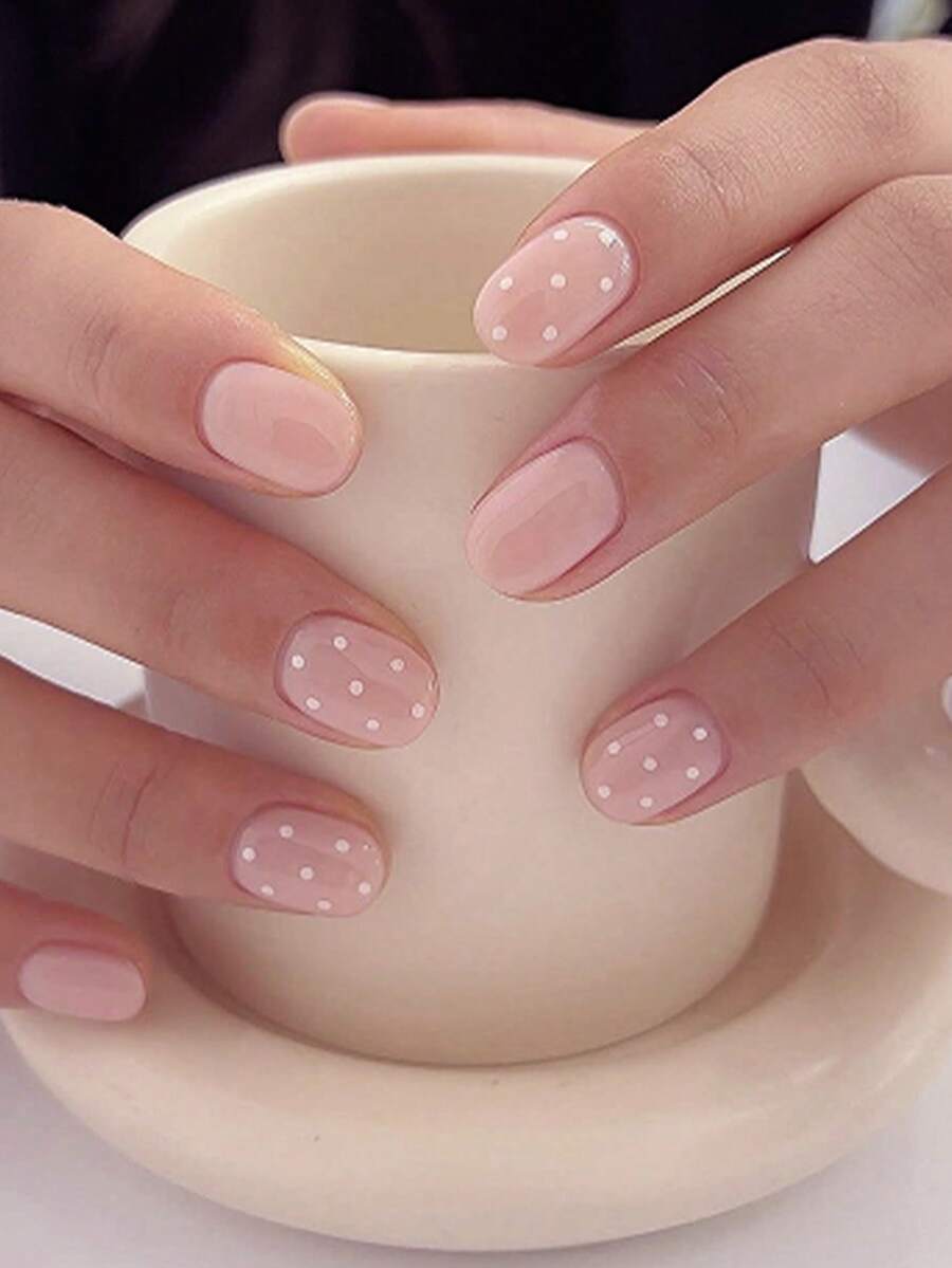 24 piezas de uñas postizas ovaladas cortas con lunares blancos sobre un fondo nude, un set de manicura que incluye 1 hoja de adhesivos y 1 lima de uñas mini, perfecto para uso diario - Multicolor - Ver 1