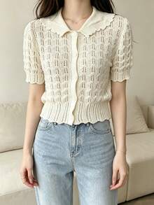 Áo cardigan dệt kim dáng ngắn màu trắng tinh khôi kiểu Hàn Quốc mùa hè dành cho nữ, điểm nhấn khoét rỗng, cổ Peter Pan bèo nhún, tay áo cánh hoa, cài cúc phía trước, kiểu dáng rộng rãi, thoải mái hàng ngày. - Màu be - Xem 6