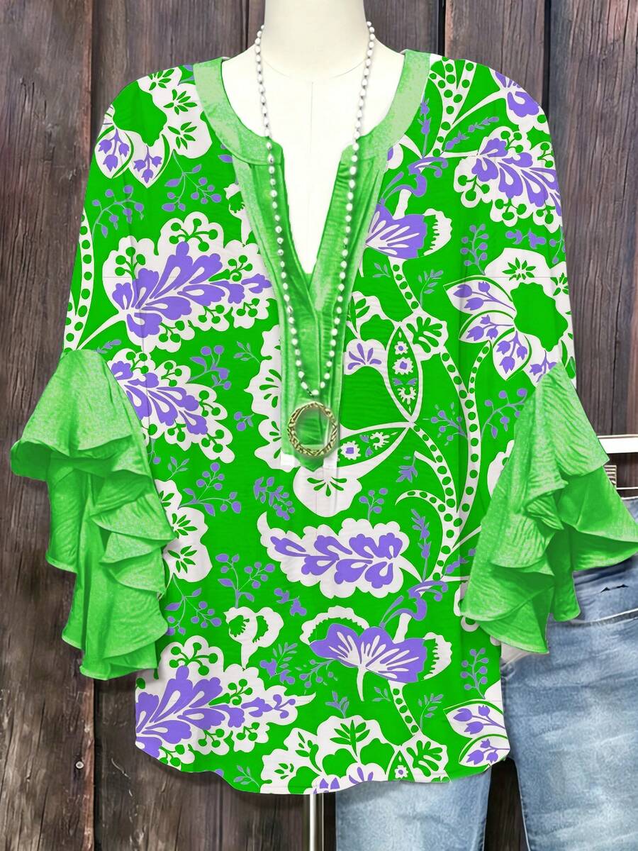 Women's Leopard & Floral Print Ruffle Sleeve Blouse - V-Neck Button- Shirt With Ruffled Hem-Like Collar, 7/8 Length Non-Stretch Top For Spring Summer Fall, Casual & Dressy Wear (Leopard & Botanical Patterns) - Hand Wash/Dry Clean - 綠色 - 查看 1