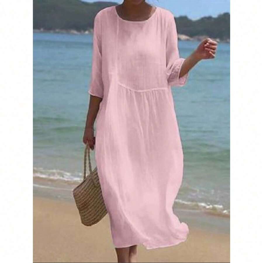 Women's Casual Long Cotton And Linen Dress - Pink - View 1