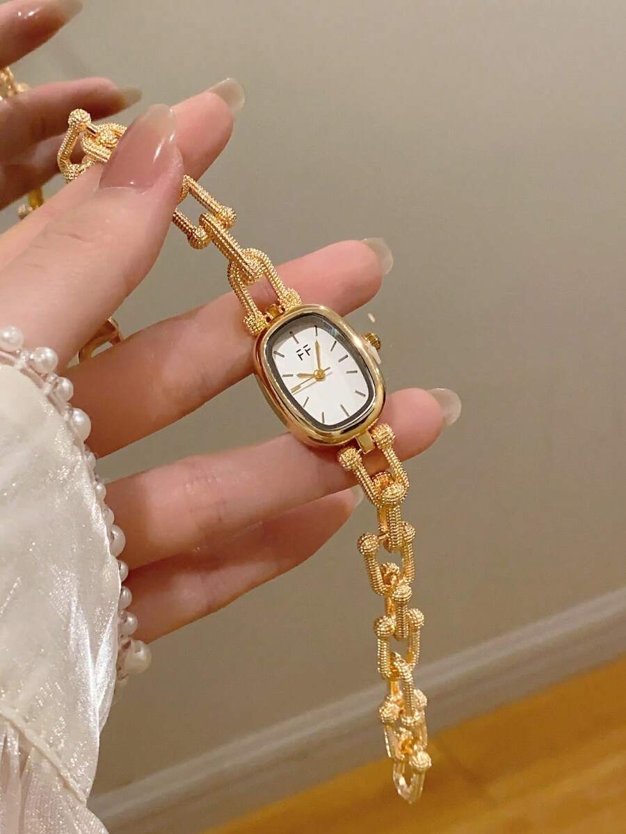 1pc Women's Oval Silver-Black Square Gold-Tone Dial Quartz Casual Watch, Suitable For Daily Wear - White - View 1
