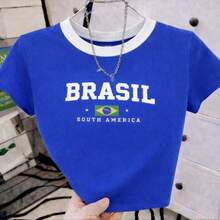 Cropped T-Shirt Brazil Amelica Printed Top Blouse Round Neck Short Sleeve World Cup  Brazil  Fans - Màu xanh lam - Xem 1
