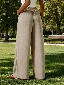 女士优雅阔腿裤，可机洗，适合办公室、派对和休闲场合穿着 - 简约设计，不透面料，百搭裤型，经典款式，轻盈舒适，时尚百搭，职业女性之选 - 卡其色 - 查看 3