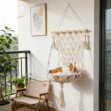 1 chiếc võng treo cho mèo bằng macrame, kiểu Bohemian, giường treo cho mèo, nghệ thuật sợi thủ công, thích hợp cho mọi mùa - Không bao gồm đệm. - Màu be - Xem 10