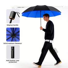 New Large Windproof Umbrella, 125cm/49.2inch Diameter, Dual-Color, Comes With Leather Case, 10 Ribs Reinforced Frame, Suitable For 2-3 People Family Outing, Multi-Person Use - Multicolor - View 4