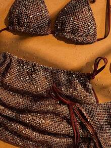 2pcs Women's Summer Beach Bikini Set, Crochet Halter Tie Back Bikini, Bohemian Sequin Crochet Cover Up Dress, Women Beach Vacation Bikini 3-Piece Set, Suitable For Beach, Leisure, Vacation And Pool Party - Nâu 2 - Xem 8