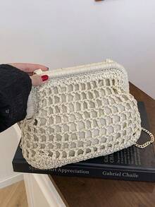 Bolso de embrague de paja calado, bolso cruzado de cadena metálica, bolso de nube tejido de estilo vacacional - Blanco - Ver 7