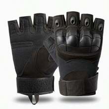 1pc Men's Tactical Half Finger Gloves, With Joint Protection Pads, Polyester Knit Fabric, Touch Screen Compatible, Non-Slip Palm, Suitable For Combat Training, Climbing, Cycling - Washable, With Hook & Loop Closure. - Black - View 5