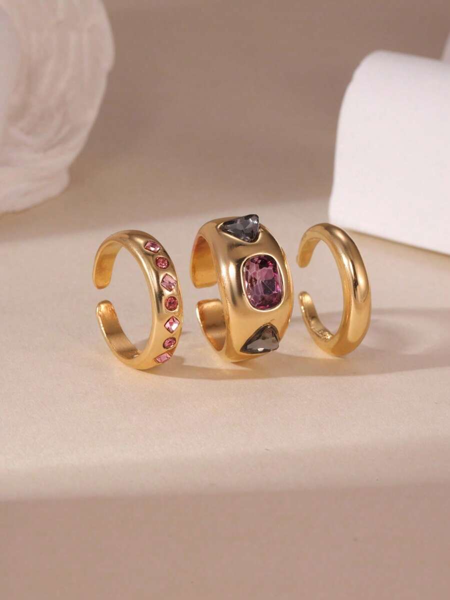 Bộ 3 chiếc nhẫn đeo đốt ngón tay đính đá màu hồng ánh kim thời trang, phù hợp cho nữ giới đeo hàng ngày và trong các dịp lễ. - Nhiều màu - Xem 1
