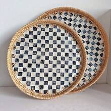 1 pieza Bandeja decorativa hecha a mano de estilo vintage con ratán y conchas, organizador artístico, bandeja para aperitivos, bandeja de té para decoración del hogar - Multicolor - Ver 2