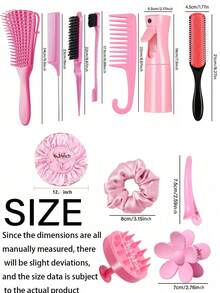 15pcs Hair Styling Tool Set Includes Spray Bottle And Satin Bonnet. Set Contains: Curling Comb, 9-Row Styling Comb, Wide-Tooth Comb With Hook Handle, Tail Comb, Double-Sided Comb, Scalp Massage Brush, And 4 Styling Clips (Alligator Clips). - Multicolor - View 2