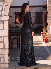 Faeriesty Vestido elegante y seductor de mujer con cuello asimétrico, abertura alta y lentejuelas - Perfecto para eventos de alfombra roja, galas de celebridades, despedidas de soltera, bailes de medianoche, atuendo de invitada de boda, vestidos de gala y vestidos de cóctel, así como atuendos de vacaciones de verano. Fiesta negra de primavera - Negro - Ver 2