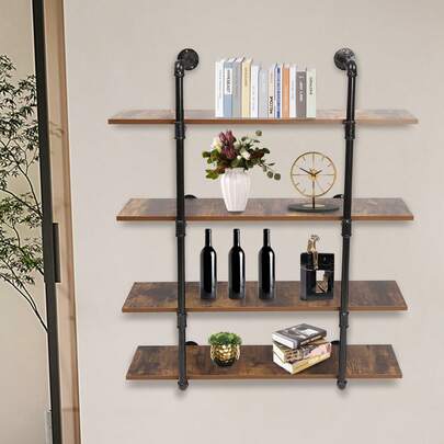 Industrielles Wandregal aus Rohren mit 4 Ebenen, rustikale Metall-Wandregale für Küche, Bar, Wohnzimmer & Landhausstil, Hängeregal für Bücher und Wein, Schwarz & Braun, 110 x 92 x 25 cm