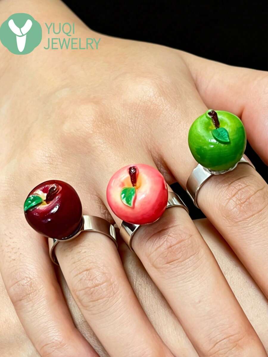 3 piezas Anillos de resina con diseño 3D de manzana realista, joyas únicas con forma de manzana roja y verde - Multicolor - Ver 1