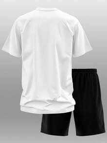 2026 Summer New Arrival Cotton Washed  Soft WashedMen'S Casual Sports Set| 2026  Short-Sleeved T-Shirt And Shorts With Geometric Print| Crew Neck, Slight Stretch Fabric, Perfect For Summer And Daily Wear  Men's Casual Outfit, Cotton Sportswear Set - 白色 - 查看 3