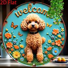 2D Flat Vintage Round Wall Plaque - 8 X 8 Inches, Vintage Welcome Sign With Cute Poodle, Flowers & Butterflies Design - Durable Metal Art Decor For Kitchen, Garden, Cafe, Garage Door, Front Door, Vibrant Animal Pattern (Random Hole Position) - A - View 8