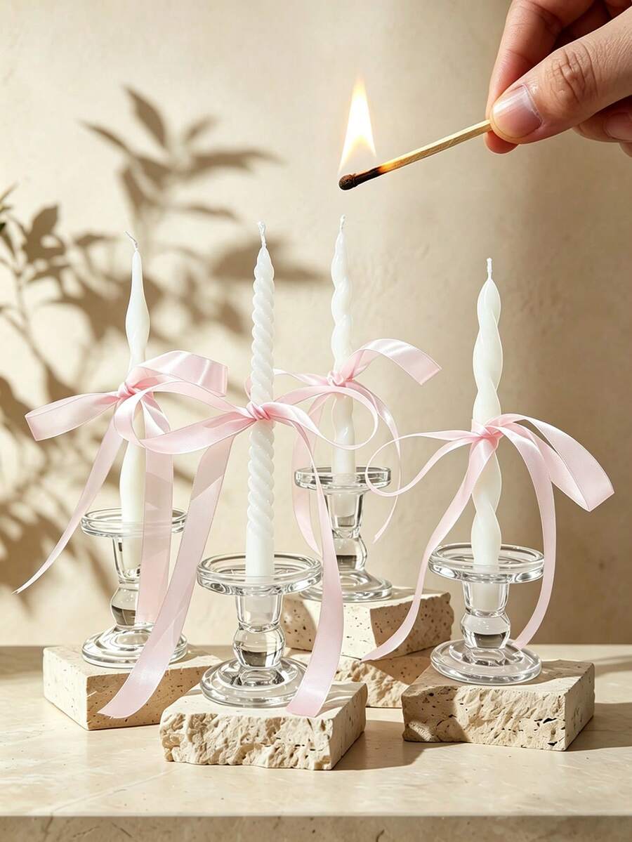1/4 Set de velas espirales francesas blancas y velas con lazos rosas, adecuadas para decoración de bodas, regreso a clases, regalos de cumpleaños y recuerdos, regalos de velas de graduación, creación de ambiente, regalos del Día de San Valentín, regalos de pareja, regalos de mujer, regalos de niña, regalos de boda, recuerdos de boda, decoración de habitación, regalos de Halloween, regalos de Navidad, regalos para mejores amigos, regalos de graduación, regalos del Día de la Madre, decoración del hogar, decoración de cumpleaños - Juego de velas cónicas blancas con forma de espiral francesa y velas con lazos rosas. - Ver 1